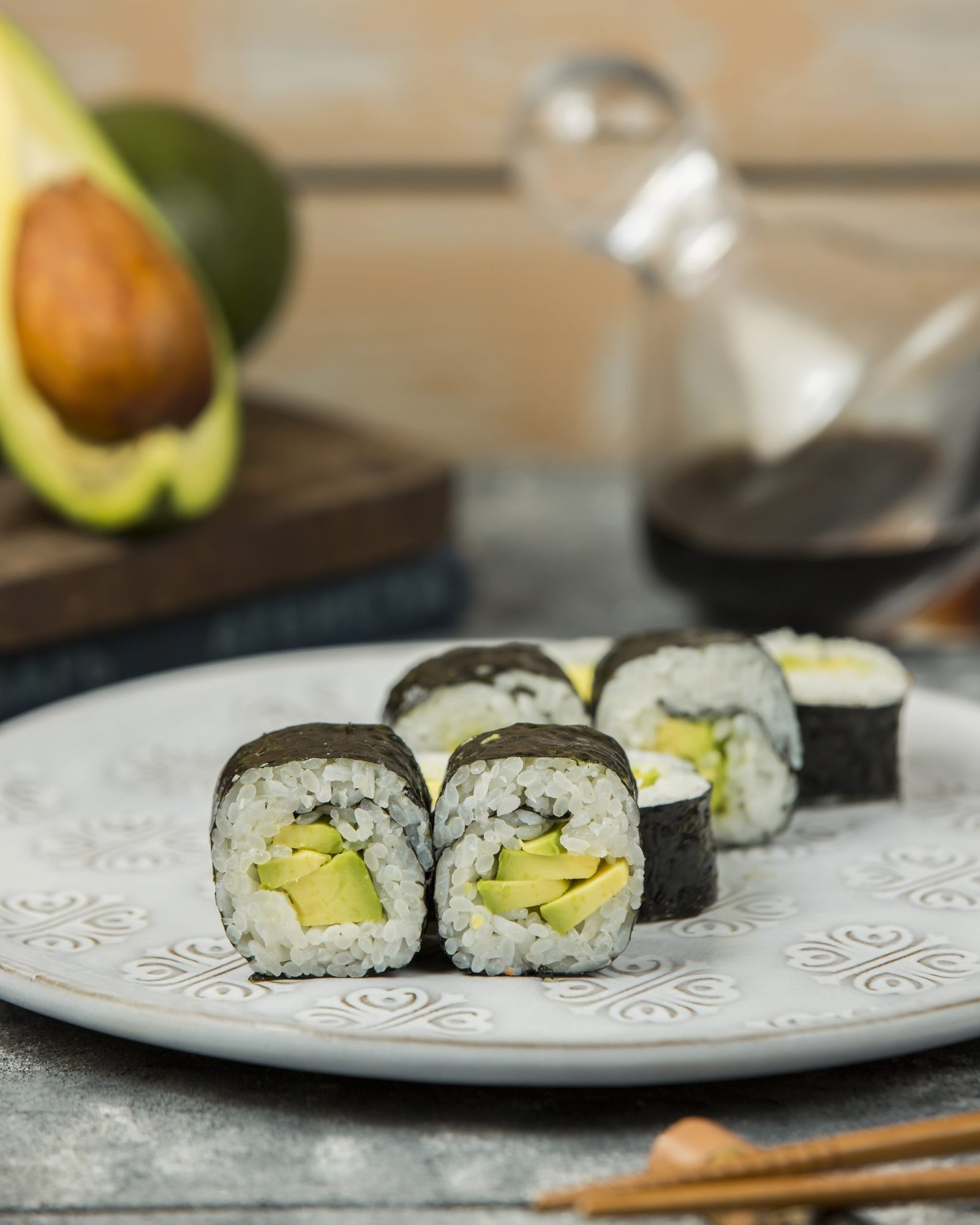 close up of avocado maki rolls plate